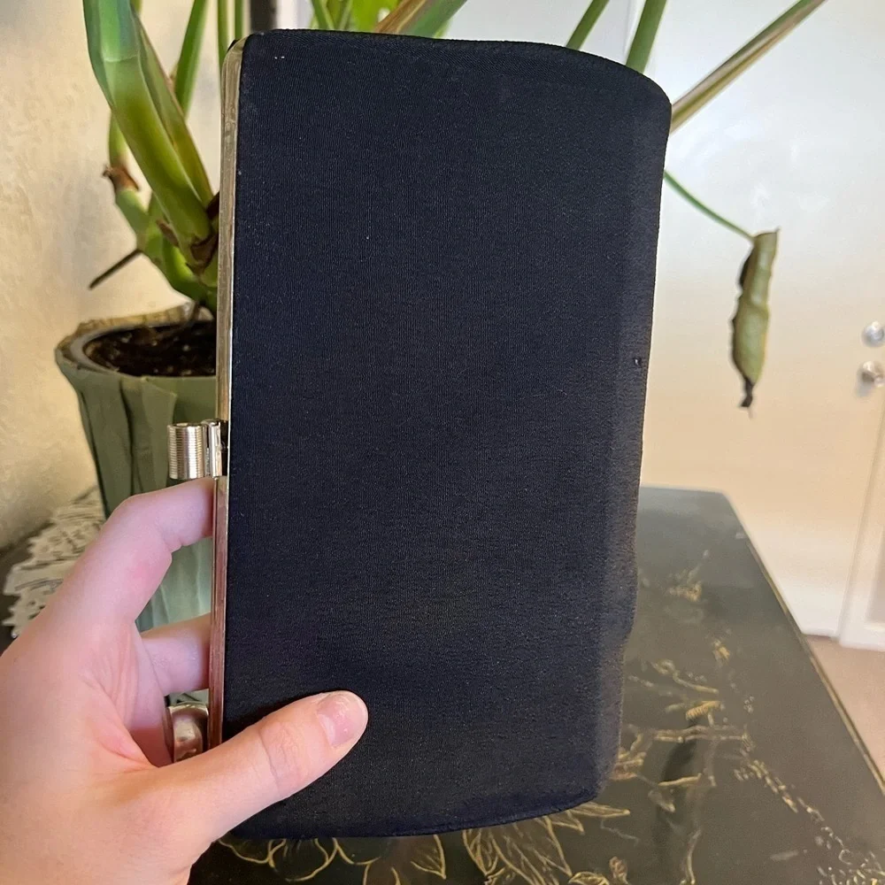 Vintage 70s Dainty Black Silk Clutch with Gold Hardware Classic 10